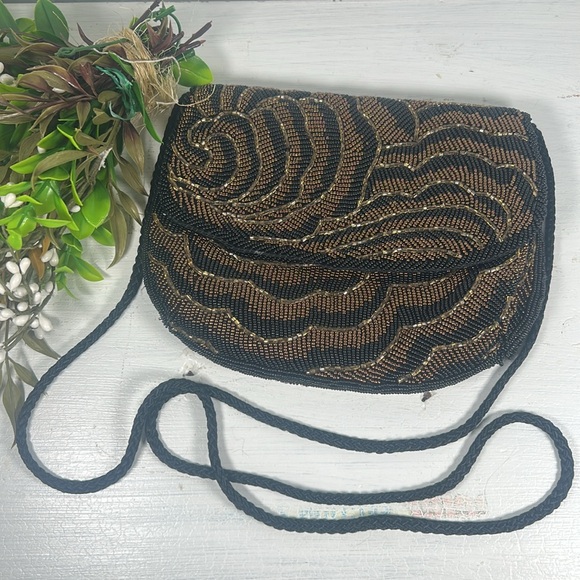 Chadwick Elegant Black Gold Beaded Crossbody Shoulder Evening Bag Rope Strap - Picture 14 of 14